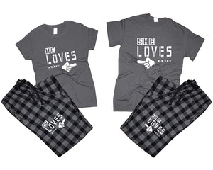 She Loves Me and He Loves Me matching couple top bottom sets.Couple shirts, Charcoal Black_Charcoal flannel pants for men, flannel pants for women. Couple matching shirts.