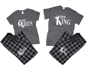 Her King and His Queen matching couple top bottom sets.Couple shirts, Charcoal Black_Charcoal flannel pants for men, flannel pants for women. Couple matching shirts.