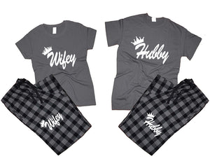 Hubby and Wifey matching couple top bottom sets.Couple shirts, Charcoal Black_Charcoal flannel pants for men, flannel pants for women. Couple matching shirts.