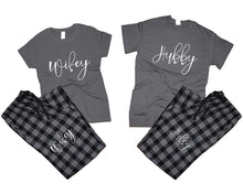 Load image into Gallery viewer, Hubby and Wifey matching couple top bottom sets.Couple shirts, Charcoal Black_Charcoal flannel pants for men, flannel pants for women. Couple matching shirts.
