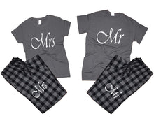 Load image into Gallery viewer, Mr and Mrs matching couple top bottom sets.Couple shirts, Charcoal Black_Charcoal flannel pants for men, flannel pants for women. Couple matching shirts.
