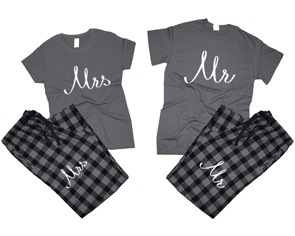 Mr and Mrs matching couple top bottom sets.Couple shirts, Charcoal Black_Charcoal flannel pants for men, flannel pants for women. Couple matching shirts.
