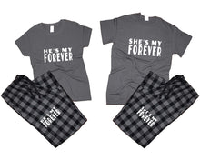 Cargar imagen en el visor de la galería, She&#39;s My Forever and He&#39;s My Forever matching couple top bottom sets.Couple shirts, Charcoal Black_Charcoal flannel pants for men, flannel pants for women. Couple matching shirts.
