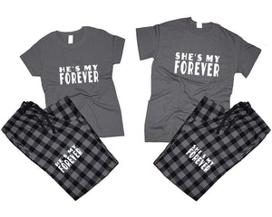 She's My Forever and He's My Forever matching couple top bottom sets.Couple shirts, Charcoal Black_Charcoal flannel pants for men, flannel pants for women. Couple matching shirts.
