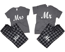 Load image into Gallery viewer, Mr and Mrs matching couple top bottom sets.Couple shirts, Charcoal Black_Charcoal flannel pants for men, flannel pants for women. Couple matching shirts.

