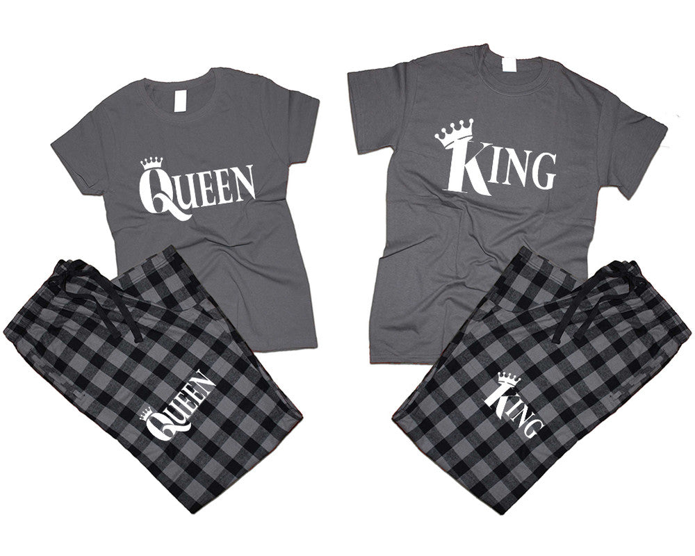 King and Queen matching couple top bottom sets.Couple shirts, Charcoal Black_Charcoal flannel pants for men, flannel pants for women. Couple matching shirts.