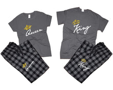 Load image into Gallery viewer, King and Queen matching couple top bottom sets.Couple shirts, Charcoal Black_Charcoal flannel pants for men, flannel pants for women. Couple matching shirts.
