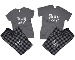 She's My Number 1 and He's My Number 1 matching couple top bottom sets.Couple shirts, Charcoal Black_Charcoal flannel pants for men, flannel pants for women. Couple matching shirts.