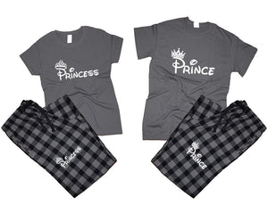 Prince and Princess matching couple top bottom sets.Couple shirts, Charcoal Black_Charcoal flannel pants for men, flannel pants for women. Couple matching shirts.