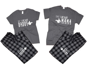 She's My Baby Mama and He's My Baby Daddy matching couple top bottom sets.Couple shirts, Charcoal Black_Charcoal flannel pants for men, flannel pants for women. Couple matching shirts.