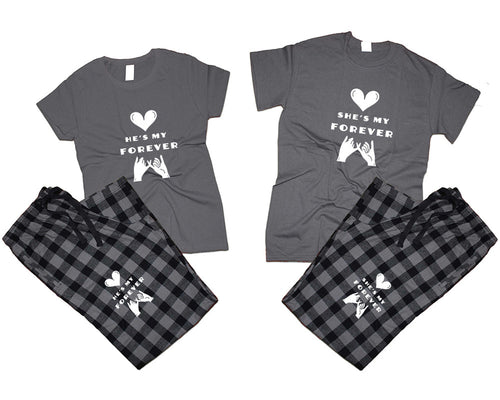 She's My Forever and He's My Forever matching couple top bottom sets.Couple shirts, Charcoal Black_Charcoal flannel pants for men, flannel pants for women. Couple matching shirts.
