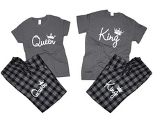 Load image into Gallery viewer, King and Queen matching couple top bottom sets.Couple shirts, Charcoal Black_Charcoal flannel pants for men, flannel pants for women. Couple matching shirts.
