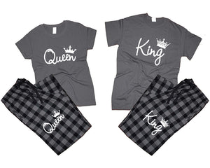 King and Queen matching couple top bottom sets.Couple shirts, Charcoal Black_Charcoal flannel pants for men, flannel pants for women. Couple matching shirts.