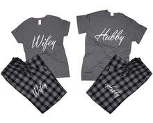 將圖片載入圖庫檢視器 Hubby and Wifey matching couple top bottom sets.Couple shirts, Charcoal Black_Charcoal flannel pants for men, flannel pants for women. Couple matching shirts.
