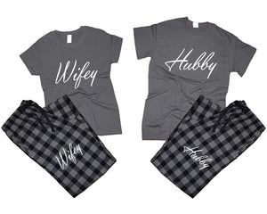 Hubby and Wifey matching couple top bottom sets.Couple shirts, Charcoal Black_Charcoal flannel pants for men, flannel pants for women. Couple matching shirts.