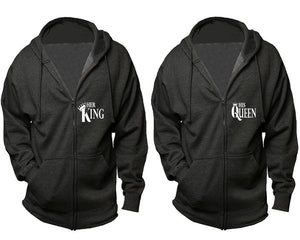 Her King and His Queen zipper hoodies, Matching couple hoodies, Charcoal zip up hoodie for man, Charcoal zip up hoodie womens