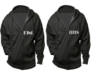 King and Queen zipper hoodies, Matching couple hoodies, Charcoal zip up hoodie for man, Charcoal zip up hoodie womens
