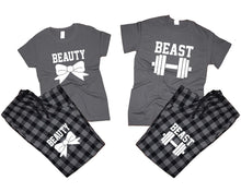 Load image into Gallery viewer, Beast and Beauty matching couple top bottom sets.Couple shirts, Charcoal Black_Charcoal flannel pants for men, flannel pants for women. Couple matching shirts.
