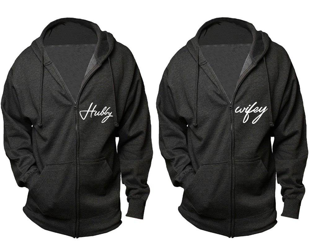 Hubby and Wifey zipper hoodies, Matching couple hoodies, Charcoal zip up hoodie for man, Charcoal zip up hoodie womens