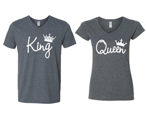 King and Queen matching couple v-neck shirts.Couple shirts, Dark Heather v neck t shirts for men, v neck t shirts women. Couple matching shirts.