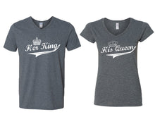 Load image into Gallery viewer, Her King and His Queen matching couple v-neck shirts.Couple shirts, Dark Heather v neck t shirts for men, v neck t shirts women. Couple matching shirts.
