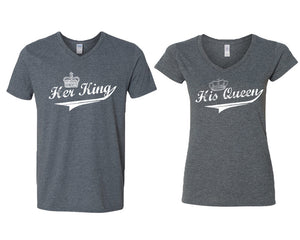 Her King and His Queen matching couple v-neck shirts.Couple shirts, Dark Heather v neck t shirts for men, v neck t shirts women. Couple matching shirts.