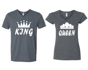 King and Queen matching couple v-neck shirts.Couple shirts, Dark Heather v neck t shirts for men, v neck t shirts women. Couple matching shirts.