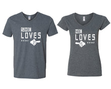Load image into Gallery viewer, She Loves Me and He Loves Me matching couple v-neck shirts.Couple shirts, Dark Heather v neck t shirts for men, v neck t shirts women. Couple matching shirts.
