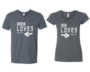 She Loves Me and He Loves Me matching couple v-neck shirts.Couple shirts, Dark Heather v neck t shirts for men, v neck t shirts women. Couple matching shirts.