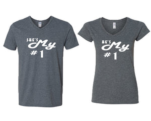 She's My Number 1 and He's My Number 1 matching couple v-neck shirts.Couple shirts, Dark Heather v neck t shirts for men, v neck t shirts women. Couple matching shirts.