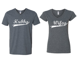 Hubby and Wifey matching couple v-neck shirts.Couple shirts, Dark Heather v neck t shirts for men, v neck t shirts women. Couple matching shirts.