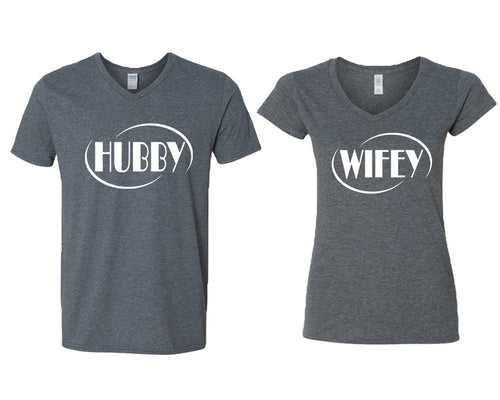 Hubby and Wifey matching couple v-neck shirts.Couple shirts, Dark Heather v neck t shirts for men, v neck t shirts women. Couple matching shirts.