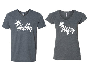 Hubby and Wifey matching couple v-neck shirts.Couple shirts, Dark Heather v neck t shirts for men, v neck t shirts women. Couple matching shirts.