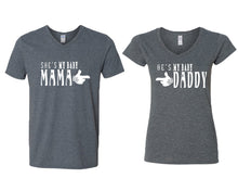 Load image into Gallery viewer, She&#39;s My Baby Mama and He&#39;s My Baby Daddy matching couple v-neck shirts.Couple shirts, Dark Heather v neck t shirts for men, v neck t shirts women. Couple matching shirts.
