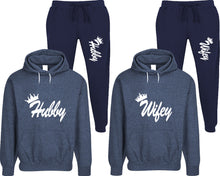 Load image into Gallery viewer, Hubby and Wifey matching top and bottom set, Denim speckle hoodie and sweatpants sets for mens, speckle hoodie and jogger set womens. Matching couple joggers.
