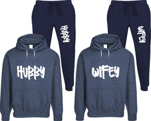 Hubby and Wifey matching top and bottom set, Denim speckle hoodie and sweatpants sets for mens, speckle hoodie and jogger set womens. Matching couple joggers.