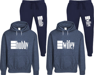 Hubby and Wifey matching top and bottom set, Denim speckle hoodie and sweatpants sets for mens, speckle hoodie and jogger set womens. Matching couple joggers.