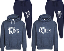 Load image into Gallery viewer, Her King and His Queen matching top and bottom set, Denim speckle hoodie and sweatpants sets for mens, speckle hoodie and jogger set womens. Matching couple joggers.

