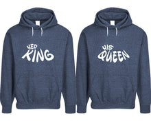 將圖片載入圖庫檢視器 Her King and His Queen pullover speckle hoodies, Matching couple hoodies, Denim his and hers man and woman contrast raglan hoodies
