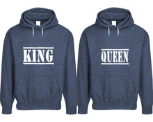 Görseli Galeri görüntüleyiciye yükleyin, King and Queen pullover speckle hoodies, Matching couple hoodies, Denim his and hers man and woman contrast raglan hoodies
