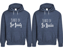 Cargar imagen en el visor de la galería, Blinded by Her Beauty and Blinded by His Muscles pullover speckle hoodies, Matching couple hoodies, Denim his and hers man and woman contrast raglan hoodies
