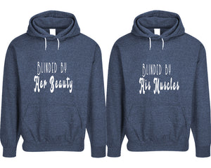 Blinded by Her Beauty and Blinded by His Muscles pullover speckle hoodies, Matching couple hoodies, Denim his and hers man and woman contrast raglan hoodies