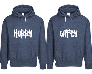Hubby and Wifey pullover speckle hoodies, Matching couple hoodies, Denim his and hers man and woman contrast raglan hoodies