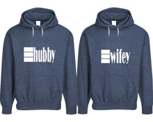 Load image into Gallery viewer, Hubby and Wifey pullover speckle hoodies, Matching couple hoodies, Denim his and hers man and woman contrast raglan hoodies
