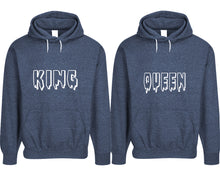 Charger l&#39;image dans la galerie, King and Queen pullover speckle hoodies, Matching couple hoodies, Denim his and hers man and woman contrast raglan hoodies
