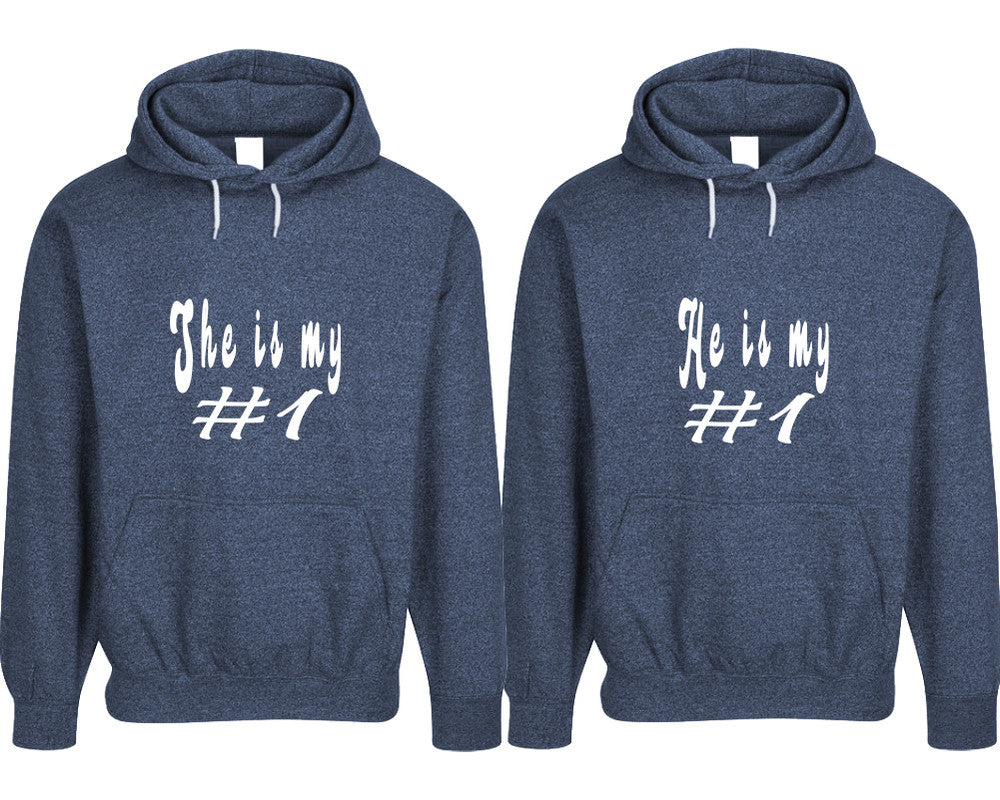 She's My Number 1 and He's My Number 1 pullover speckle hoodies, Matching couple hoodies, Denim his and hers man and woman contrast raglan hoodies