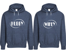 Cargar imagen en el visor de la galería, Hubby and Wifey pullover speckle hoodies, Matching couple hoodies, Denim his and hers man and woman contrast raglan hoodies
