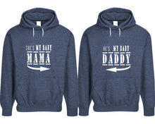 Load image into Gallery viewer, She&#39;s My Baby Mama and He&#39;s My Baby Daddy pullover speckle hoodies, Matching couple hoodies, Denim his and hers man and woman contrast raglan hoodies
