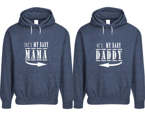 She's My Baby Mama and He's My Baby Daddy pullover speckle hoodies, Matching couple hoodies, Denim his and hers man and woman contrast raglan hoodies