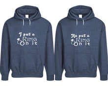 Cargar imagen en el visor de la galería, I Put a Ring On It and He Put a Ring On It pullover speckle hoodies, Matching couple hoodies, Denim his and hers man and woman contrast raglan hoodies
